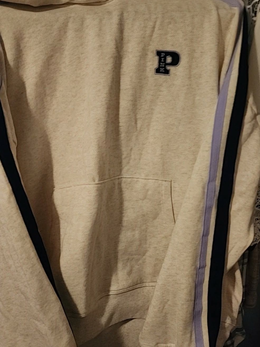 PINK Victoria's Secret Cream Hoodie with Navy & Lavender Stripes